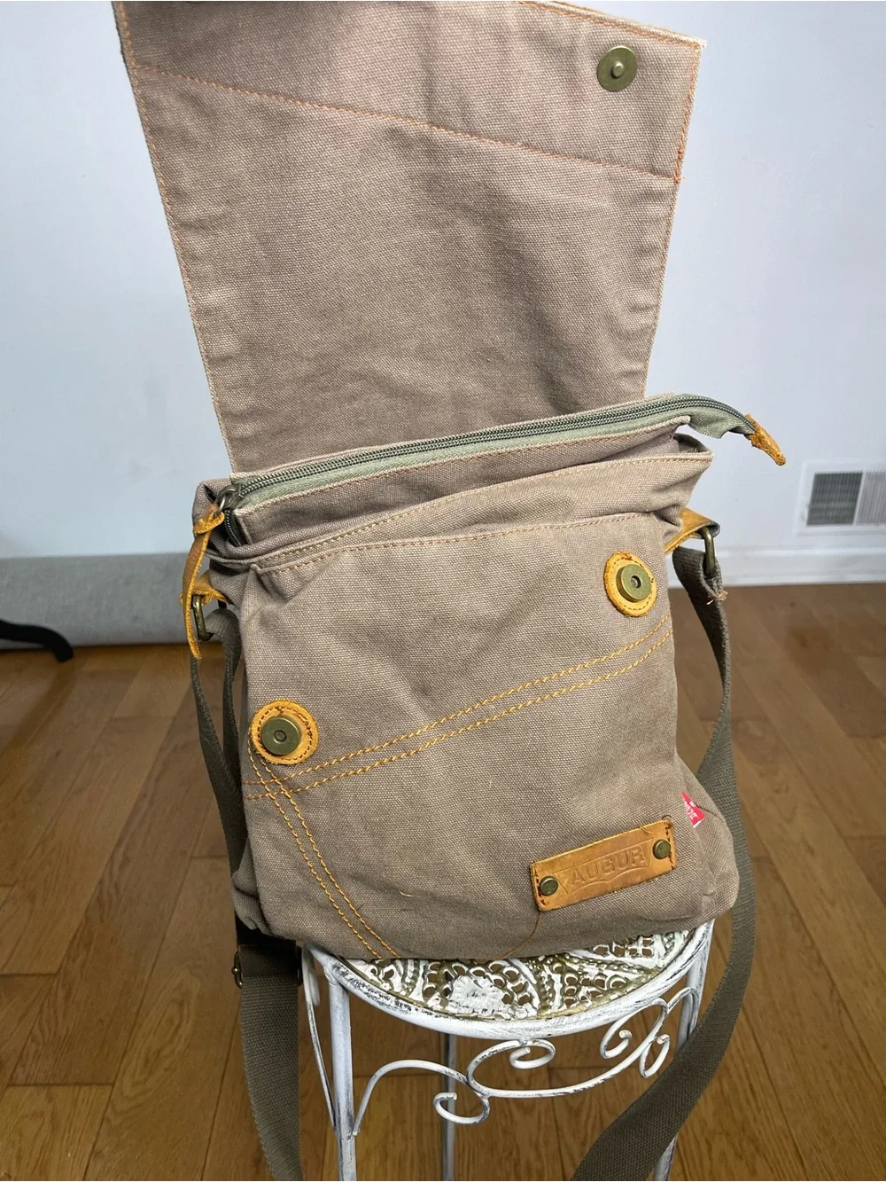 Augur Canvas Messenger Bag in Tan with Leather Trim